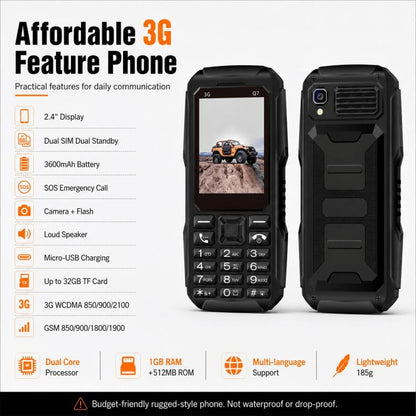 Téléphone à touches Q7 3G, batterie 3600 mAh, écran 2,4 pouces, SOS, 21 touches, double SIM, réseau 3G, compatible WhatsApp et Facebook