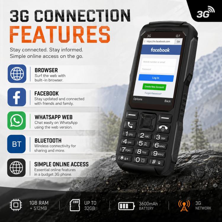 Téléphone à touches Q7 3G, batterie 3600 mAh, écran 2,4 pouces, SOS, 21 touches, double SIM, réseau 3G, compatible WhatsApp et Facebook