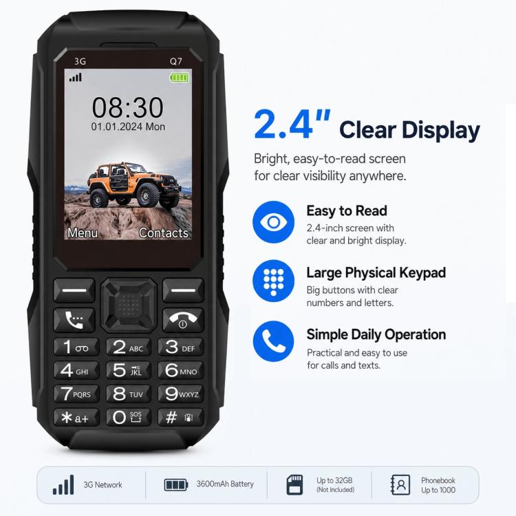 Téléphone à touches Q7 3G, batterie 3600 mAh, écran 2,4 pouces, SOS, 21 touches, double SIM, réseau 3G, compatible WhatsApp et Facebook