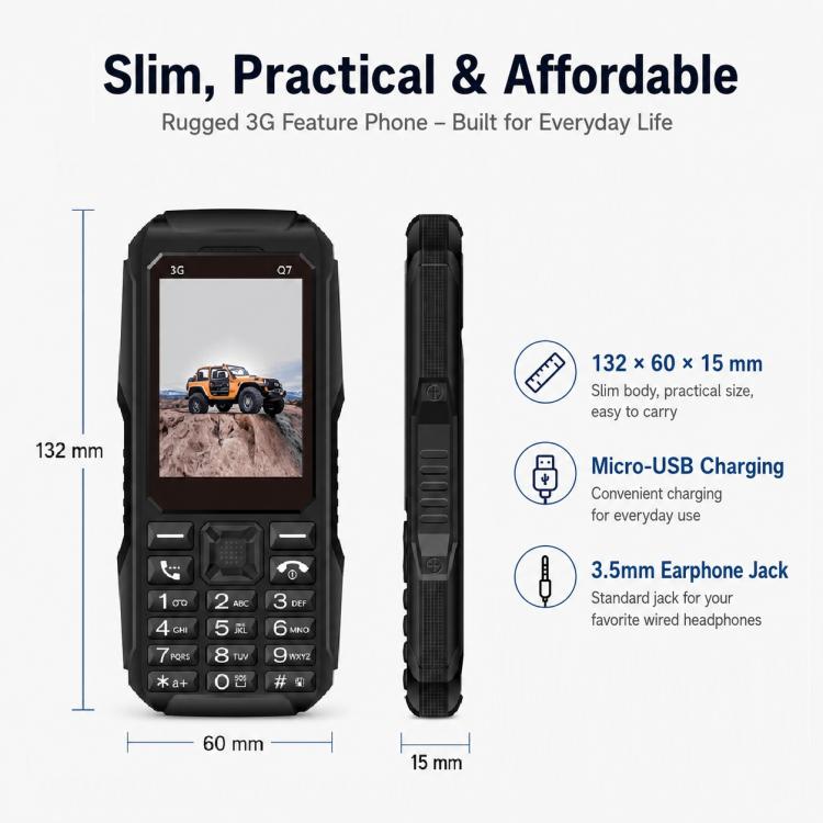 Téléphone à touches Q7 3G, batterie 3600 mAh, écran 2,4 pouces, SOS, 21 touches, double SIM, réseau 3G, compatible WhatsApp et Facebook