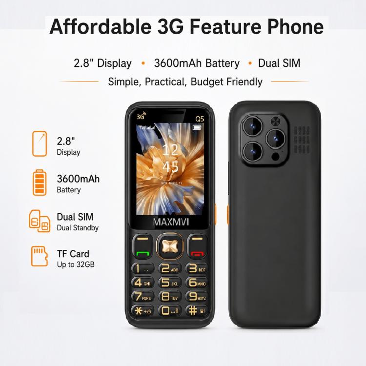 Téléphone à touches Q5 3G, batterie 3600 mAh, écran 2,4 pouces, SOS, 21 touches, double SIM, réseau 3G, compatible WhatsApp et Facebook