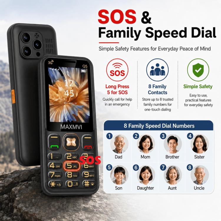 Téléphone à touches Q5 3G, batterie 3600 mAh, écran 2,4 pouces, SOS, 21 touches, double SIM, réseau 3G, compatible WhatsApp et Facebook