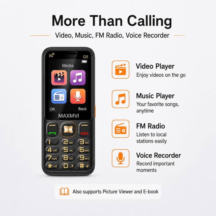 Téléphone à touches Q5 3G, batterie 3600 mAh, écran 2,4 pouces, SOS, 21 touches, double SIM, réseau 3G, compatible WhatsApp et Facebook