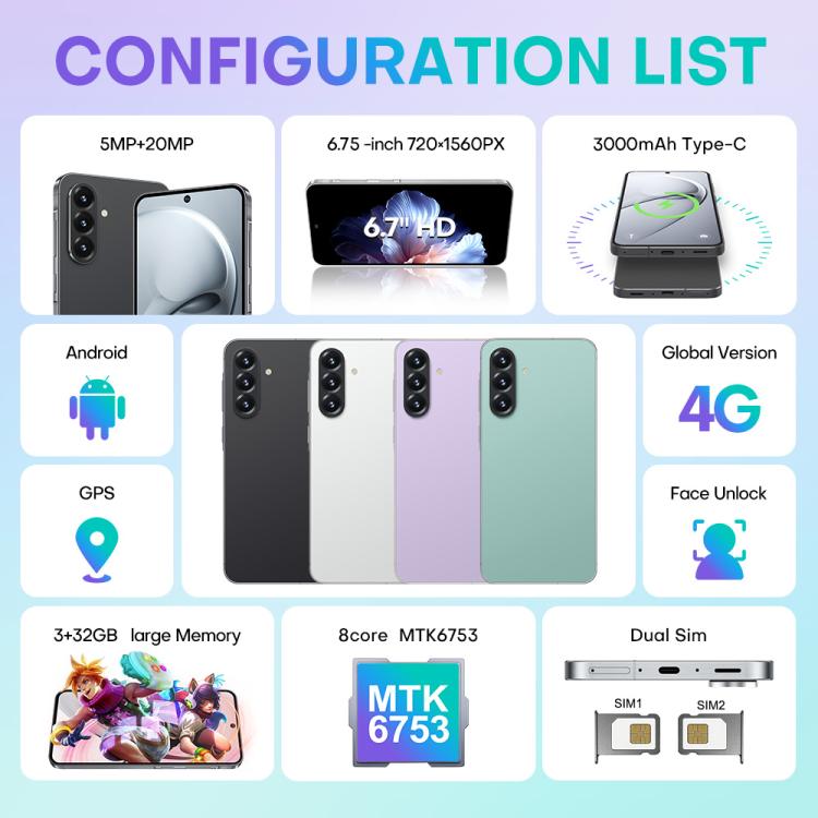 A56 / F56, 3 Go + 32 Go, écran 6,75 pouces, Android 8.1, processeur octocœur MTK6753, réseau 4G, double SIM, prise américaine, US Plug
