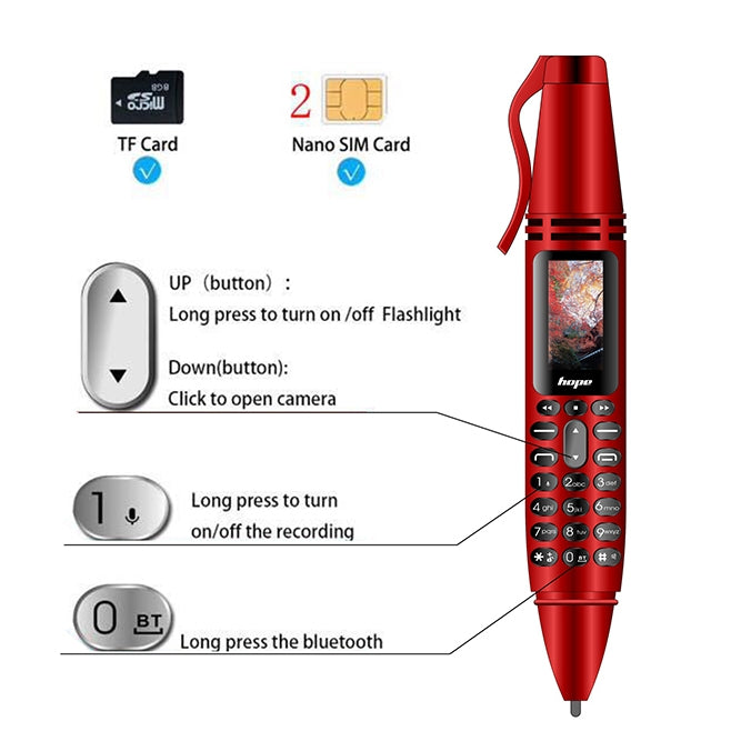 Stylo d'enregistrement multifonctionnel à réduction de bruit à distance avec écran couleur de 0,96 pouces, double SIM, double veille, prise en charge Bluetooth, GSM, lumière LED, écriture manuscrite