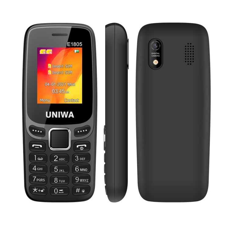 UNIWA E1805, 1,77 pouces, SC6531E, 21 touches, prise en charge Bluetooth, torche, FM, MP3, MP4, GSM, double SIM