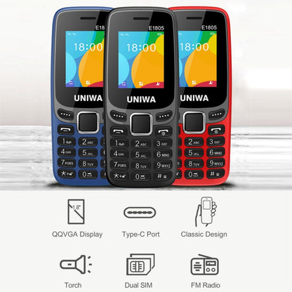 UNIWA E1805, 1,77 pouces, SC6531E, 21 touches, prise en charge Bluetooth, torche, FM, MP3, MP4, GSM, double SIM