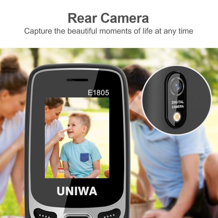 UNIWA E1805, 1,77 pouces, SC6531E, 21 touches, prise en charge Bluetooth, torche, FM, MP3, MP4, GSM, double SIM