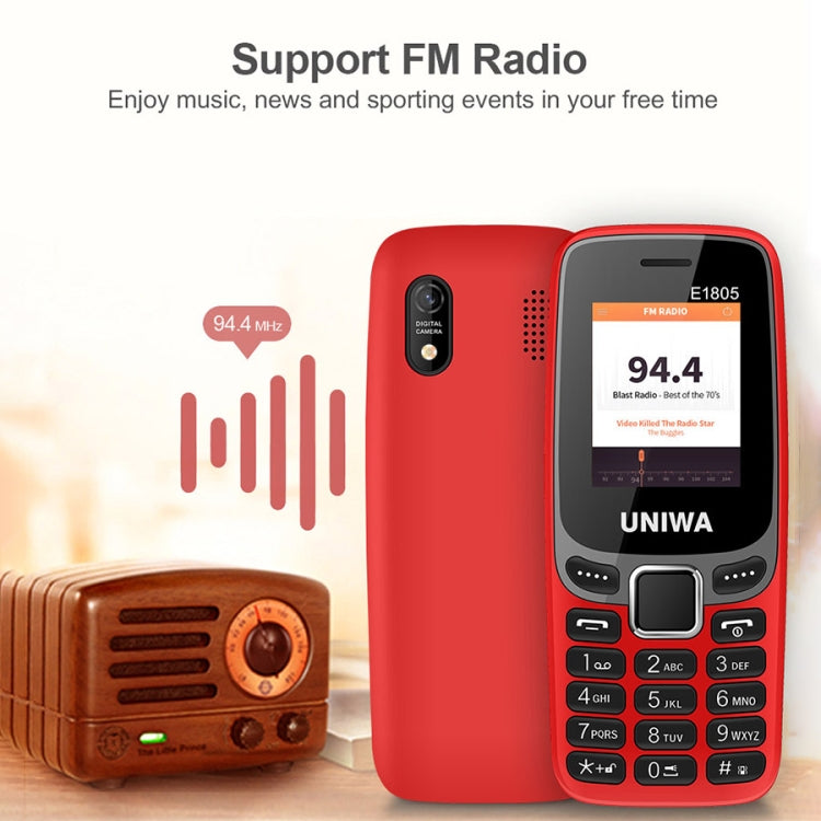UNIWA E1805, 1,77 pouces, SC6531E, 21 touches, prise en charge Bluetooth, torche, FM, MP3, MP4, GSM, double SIM