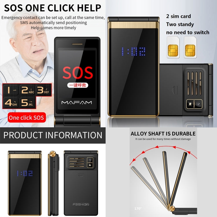 2,4 pouces, batterie 5800 mAh, prise en charge FM, SOS, affichage de l'heure externe, GSM, numéro de famille, grandes touches, double SIM