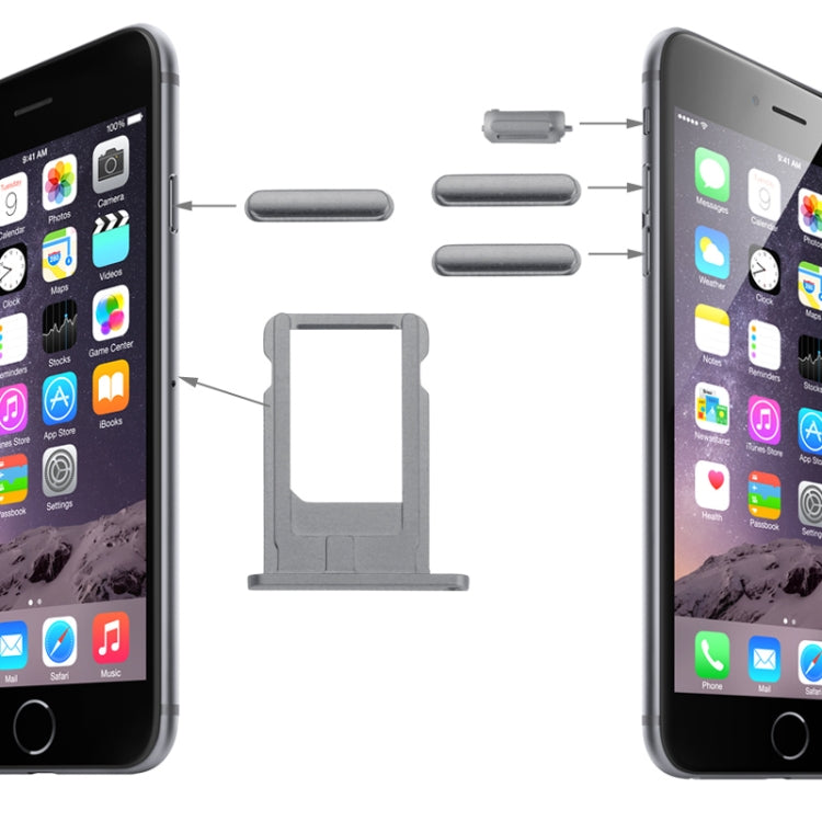 Plateau de cartes, touche de contrôle du volume, touche de verrouillage de l'écran et interrupteur de sourdine, kit de touches de vibrateur pour iPhone 6