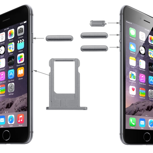 Plateau de cartes, touche de contrôle du volume, touche de verrouillage de l'écran et interrupteur de sourdine, kit de touches de vibrateur pour iPhone 6