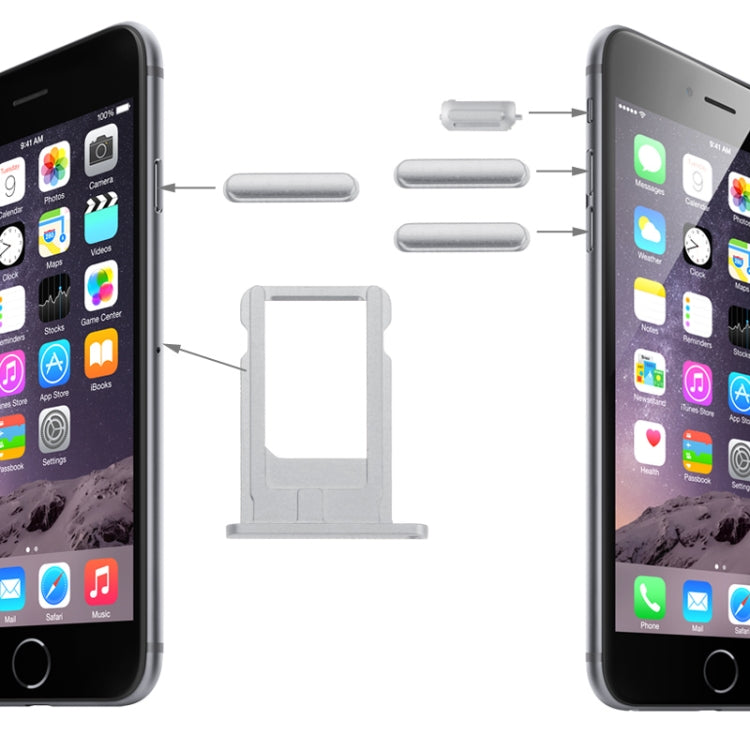 Plateau de cartes, touche de contrôle du volume, touche de verrouillage de l'écran et interrupteur de sourdine, kit de touches de vibrateur pour iPhone 6