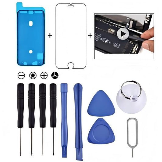 Kits de réparation et cadeaux 12 en 1 (4 x tournevis + 2 x tiges de démontage + 2 x triangle sur tranches épaisses + 1 x broche d'éjection + 1 x mandrin + 1 x autocollant étanche + 1 x verre trempé)