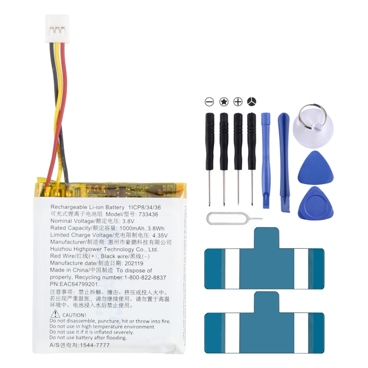 Batterie pour haut-parleur d'écouteurs Bluetooth 1000mAh 733436 pour LG