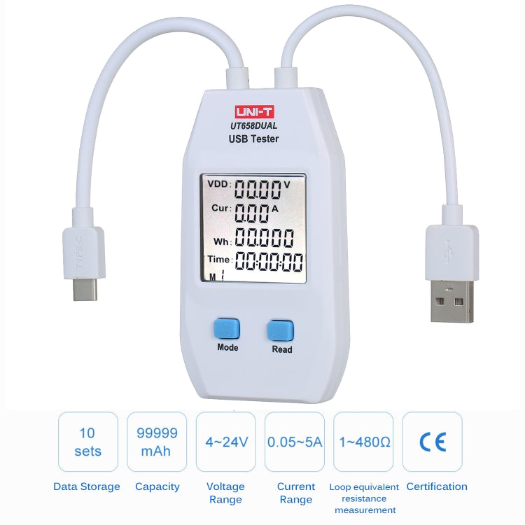 Voltmètre ampèremètre USB UNI-T, testeur UT658DUAL