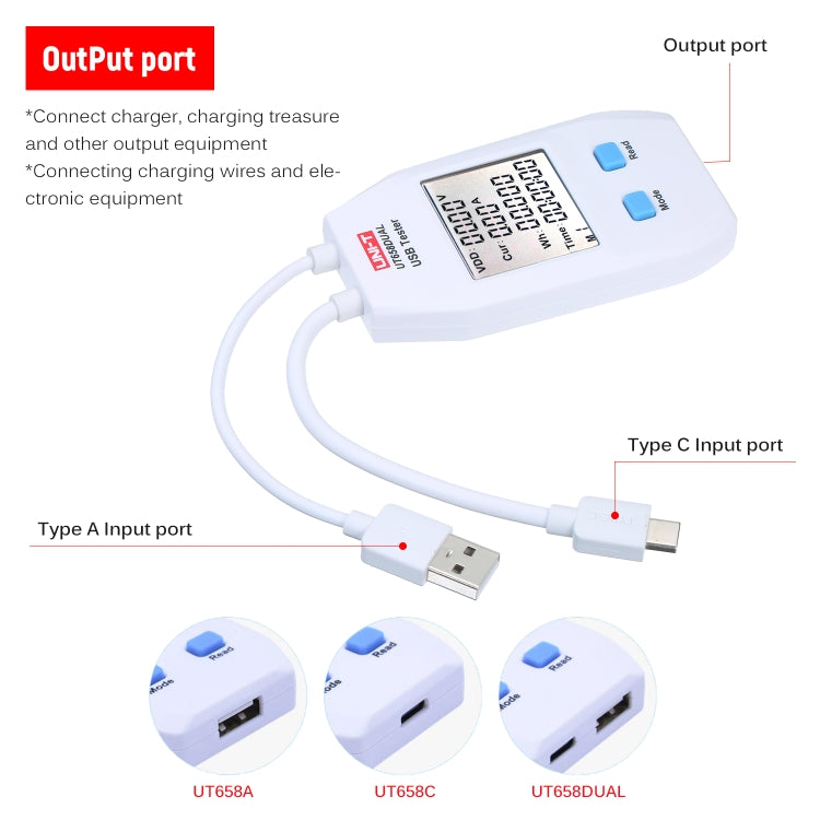 Voltmètre ampèremètre USB UNI-T, testeur UT658DUAL