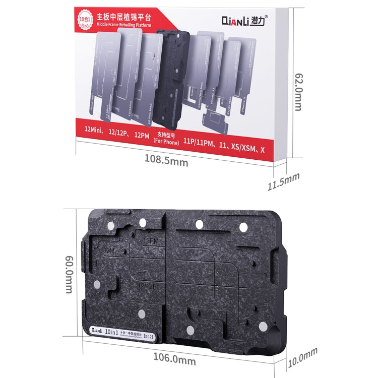 Qianli – plate-forme de reballage à cadre central 10 en 1, pour iPhone X / XS / XS Max / 11/11 Pro / 11 Pro Max / 12 / 12 Pro / 12 mini / 12 Pro Max
