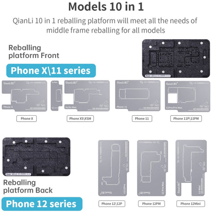Qianli – plate-forme de reballage à cadre central 10 en 1, pour iPhone X / XS / XS Max / 11/11 Pro / 11 Pro Max / 12 / 12 Pro / 12 mini / 12 Pro Max