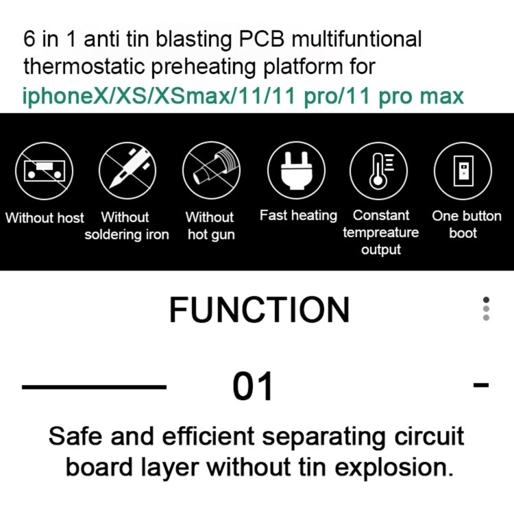 BAKU BA-676 110V-120V Colle IC PCB multifonctionnelle Supprimer la plate-forme de chauffage thermostatique pour iPhone X / XS / XS Max / 11/11 Pro / 11 Pro Max, prise CN