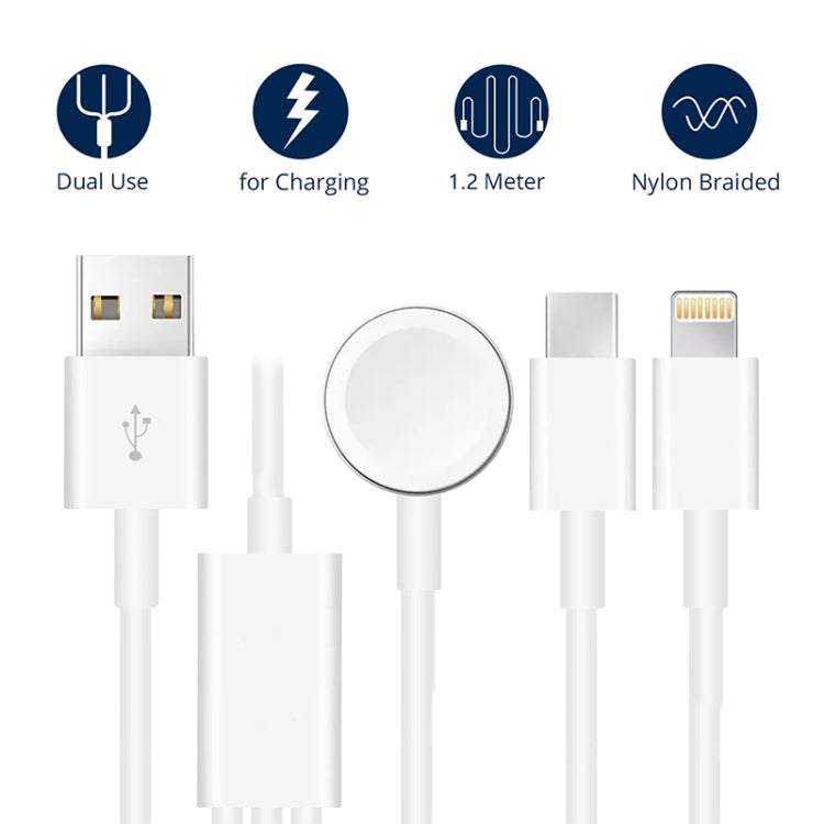 Pour Apple Watch Series, iPhone et téléphone avec port Type-C, câble de chargement magnétique USB 3 en 1, 4 pieds/1,2 m, DS-XB017