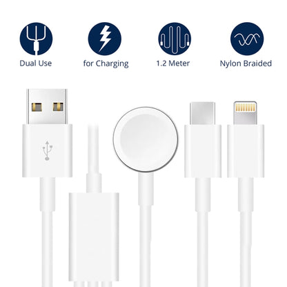 Pour Apple Watch Series, iPhone et téléphone avec port Type-C, câble de chargement magnétique USB 3 en 1, 4 pieds/1,2 m, DS-XB017
