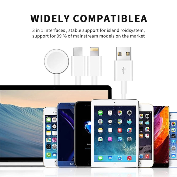 Pour Apple Watch Series, iPhone et téléphone avec port Type-C, câble de chargement magnétique USB 3 en 1, 4 pieds/1,2 m, DS-XB017