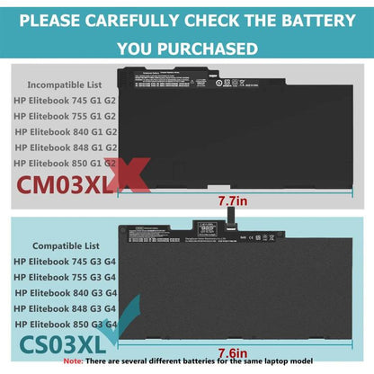 Batteries pour ordinateurs portables HP EliteBook 840G3, 848G3, 840G4, 850G3, 848G4 et 850G4, CS03XL 11.4V 46.5Wh
