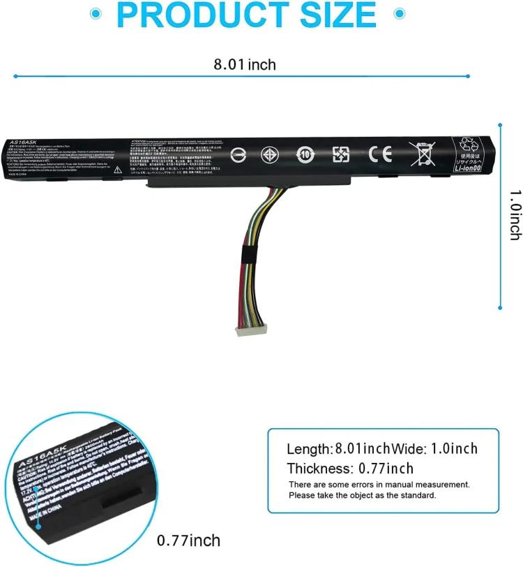 Batterie de remplacement 2200 mAh pour ordinateur portable Acer Aspire E5-575G, 475G, 523G et 553G, AS16A5K