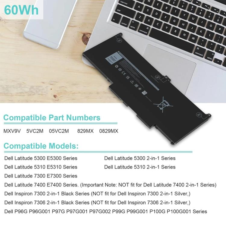 Batterie pour ordinateur portable Dell Latitude 5300, 5310, 7300 et 7400, capacité de 7600 mAh, MXV9V