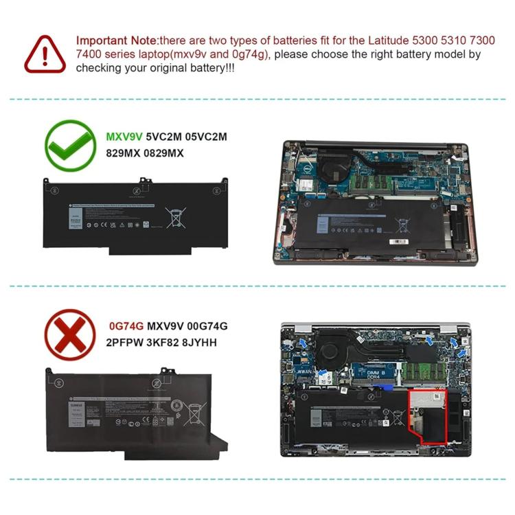 Batterie pour ordinateur portable Dell Latitude 5300, 5310, 7300 et 7400, capacité de 7600 mAh, MXV9V