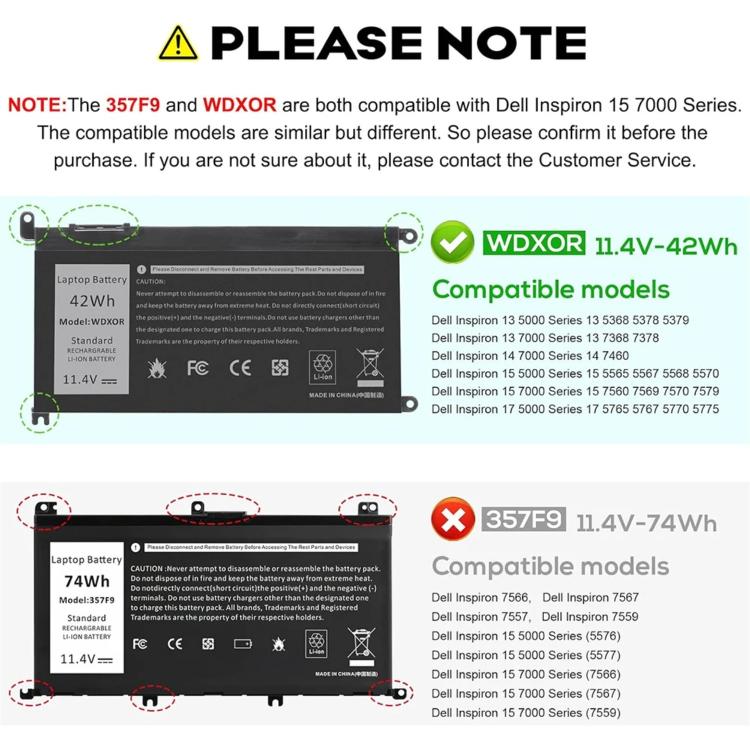 Batterie de remplacement 3600 mAh pour ordinateur portable Dell Inspiron 14 7460 et 15 7560, WDX0R