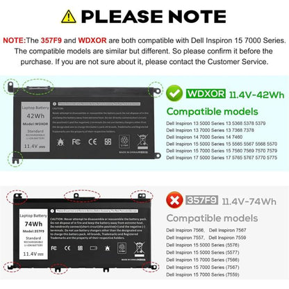 Batterie de remplacement 3600 mAh pour ordinateur portable Dell Inspiron 14 7460 et 15 7560, WDX0R