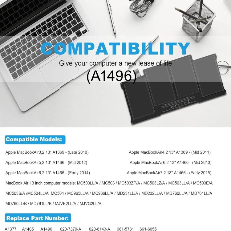 Batterie de remplacement pour ordinateur portable MacBook Air 13 pouces, 7000 mAh, A1496