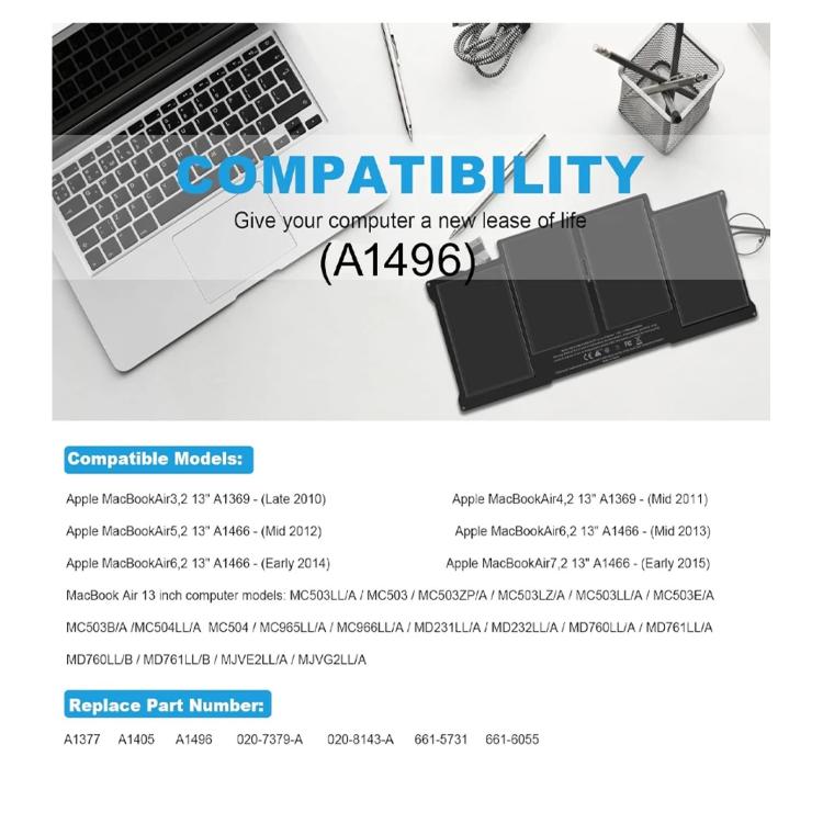 Batterie de remplacement pour ordinateur portable MacBook Air 13 pouces, 7000 mAh, A1496