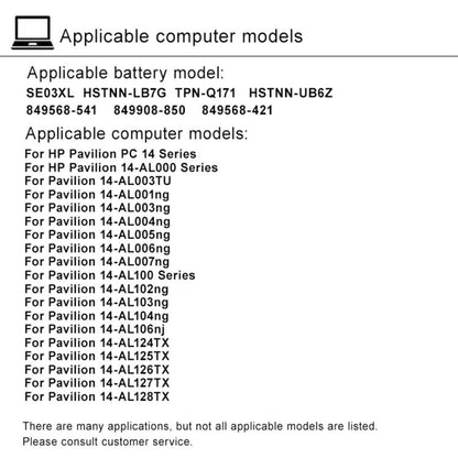 Batterie de remplacement 3615 mAh pour ordinateur portable HP TPN-Q171 14-AL027TX AL127TX, SE03XL