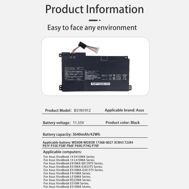 Batterie de remplacement 3600 mAh pour ordinateur portable ASUS E410M, E410MA et E510M, B31N1912