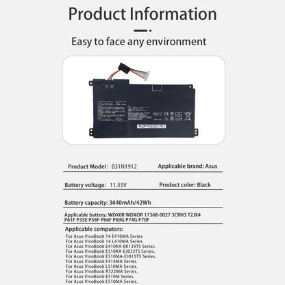 Batterie de remplacement 3600 mAh pour ordinateur portable ASUS E410M, E410MA et E510M, B31N1912
