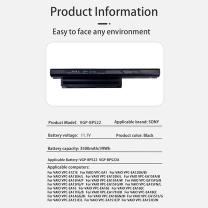 Batteries pour ordinateur portable 4400 mAh compatibles avec les modèles Sony PCG-61212t et 61211T, VGP-BPS22