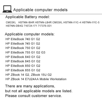 Batteries pour ordinateur portable 5000 mAh compatibles avec HP EliteBook 840 G2, 845, 850 G1 et 740, CM03XL