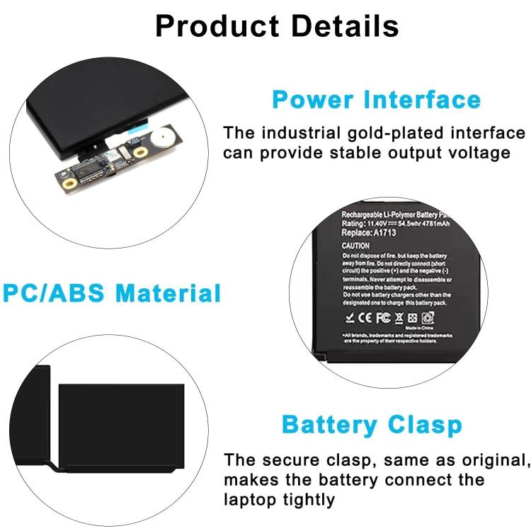 Batterie pour ordinateur portable 4781 mAh compatible avec Apple MacBook Pro 13 pouces A1708 A2159 A2289 A2338, A1713