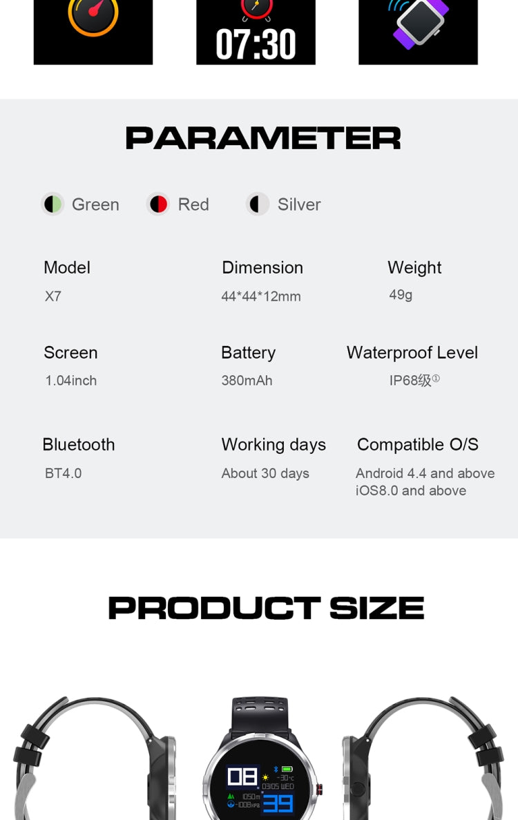 X7 Montre Intelligente IP68 Etanche Hommes Sport Smartwatch Android Bluetooth Montre Support Fréquence Cardiaque / Rappel d'Appel / Podomètre / Surveillance du Sommeil / Tracker