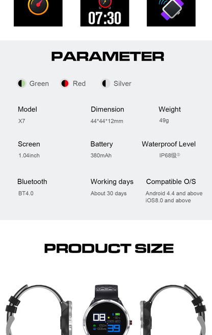 X7 Montre Intelligente IP68 Etanche Hommes Sport Smartwatch Android Bluetooth Montre Support Fréquence Cardiaque / Rappel d'Appel / Podomètre / Surveillance du Sommeil / Tracker