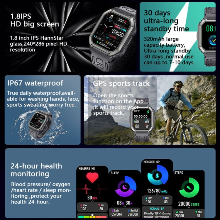 KR06 Montre d'appel intelligente de surveillance de la pression artérielle de fréquence cardiaque de 1,8 pouces, Noir, Vert