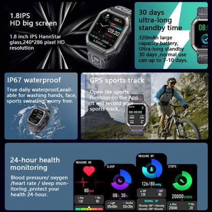 KR06 Montre d'appel intelligente de surveillance de la pression artérielle de fréquence cardiaque de 1,8 pouces, Noir, Vert