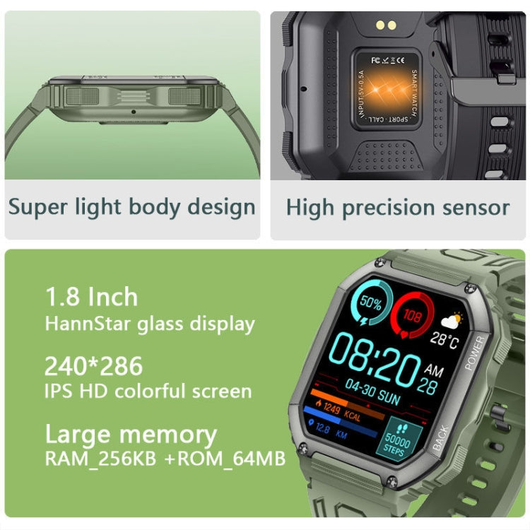KR06 Montre d'appel intelligente de surveillance de la pression artérielle de fréquence cardiaque de 1,8 pouces, Noir, Vert