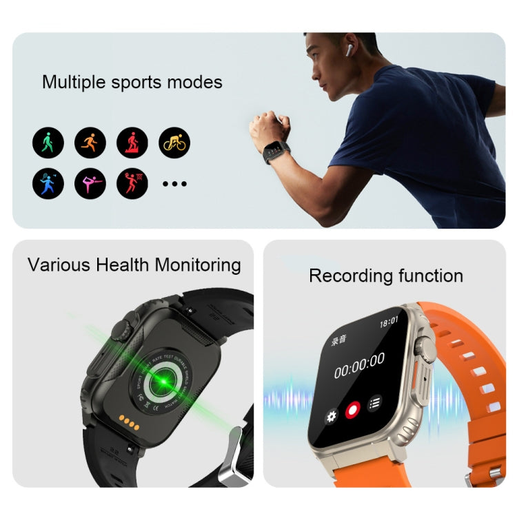 A70 1,96 pouces surveillance de la santé multifonctionnelle IP68 étanche Bluetooth appel montre intelligente, Black, Orange