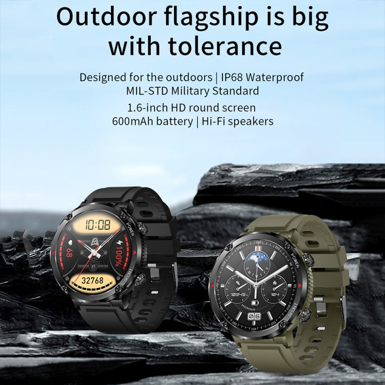 T30 1,6 pouces Sports de plein air étanche Smart Music Bluetooth Call Watch, Black, Dark Green, Black Steel+Silicone, Black Net+Silicone