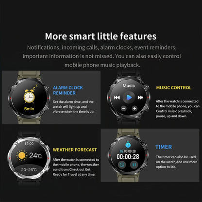 T30 1,6 pouces Sports de plein air étanche Smart Music Bluetooth Call Watch, Black, Dark Green, Black Steel+Silicone, Black Net+Silicone