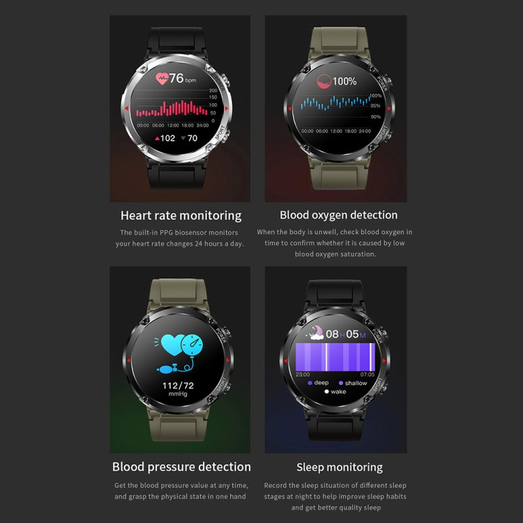 T30 1,6 pouces Sports de plein air étanche Smart Music Bluetooth Call Watch, Black, Dark Green, Black Steel+Silicone, Black Net+Silicone